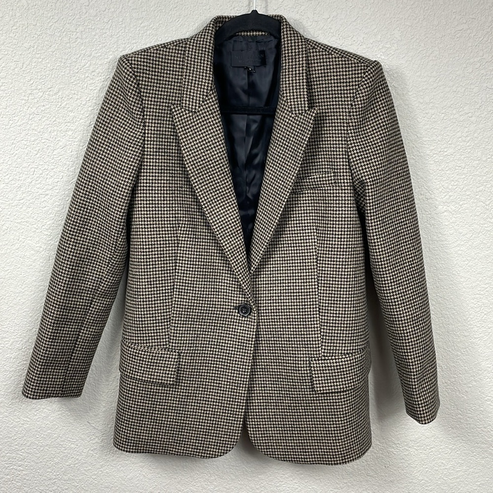 New Nili Lotan Diane One Button Blazer Jacket Wool Blend Houndstooth Sz 4